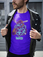 Load image into Gallery viewer, The Melodic Dice: A D20 Die Dressed as a Bard T-shirt | Regular Fit | Fantasy DnD Tee